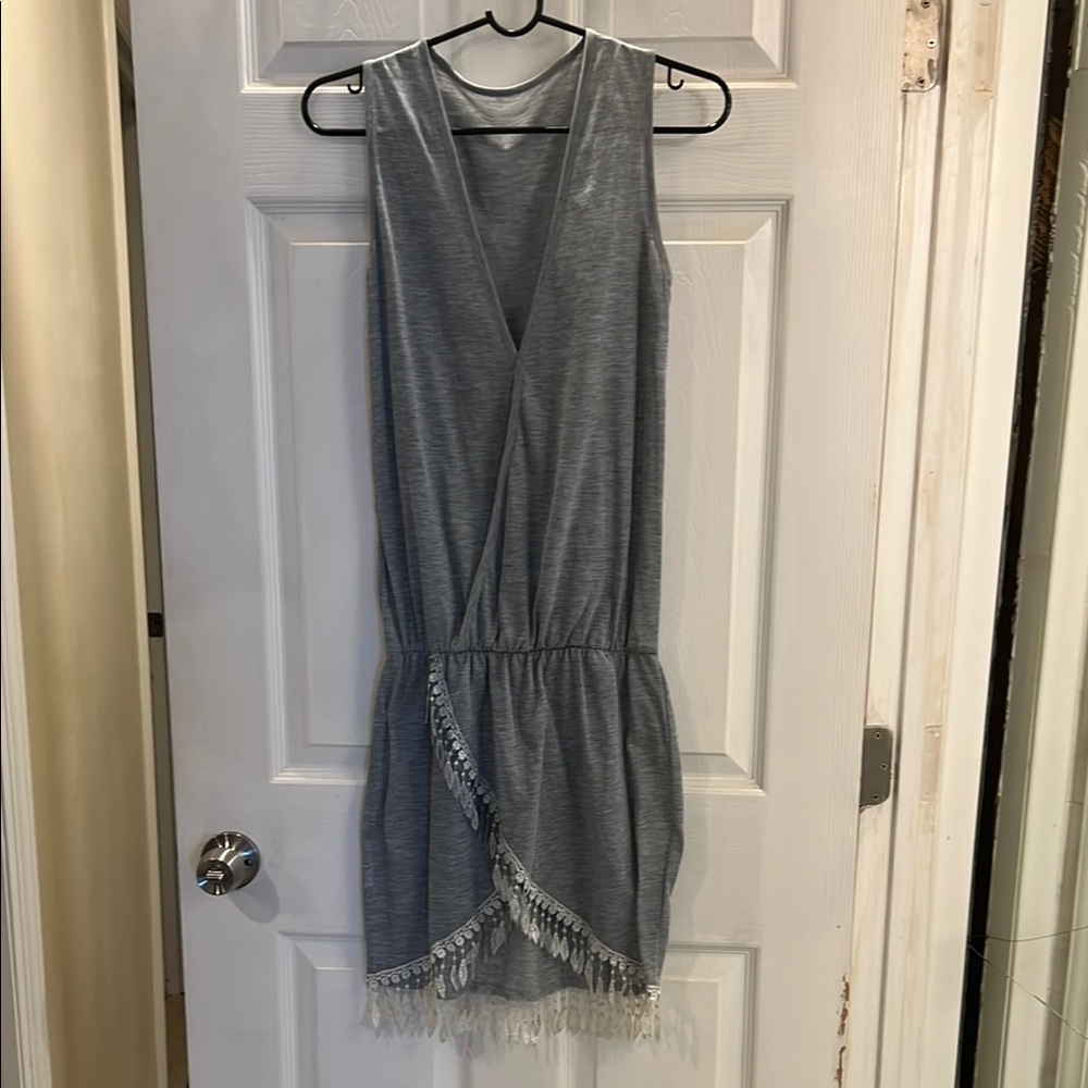 Gray Sleeveless Dress with Fringe